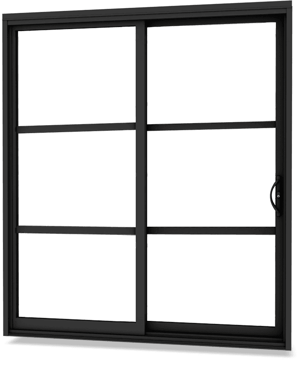 Black painted patio door with simulated divided lites (external grids) and mortise handle