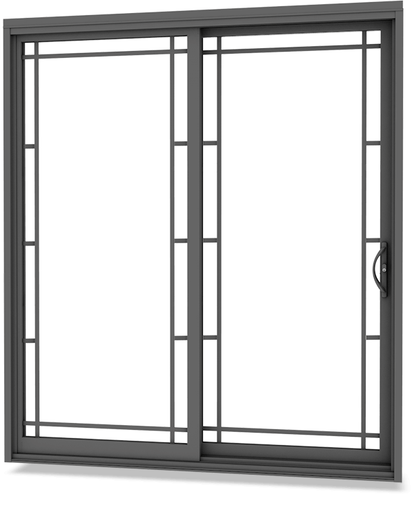 Dark steel painted patio door with matching contour grille and locking mortise handle