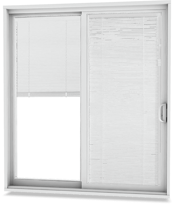 Patio door with integrated mini-blinds and D-handle