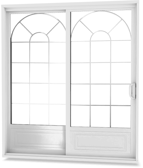 White patio door with V-groove low-E arched glass design and embossed garden door panels