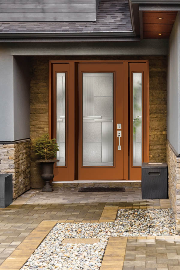 A brownish / tan entry door with Amadeus glass inserts on a Flat door slab.