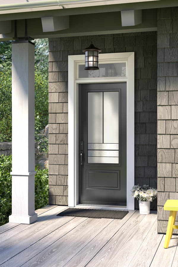 A grey entry door with Avenue glass inserts on an Orleans door slab.