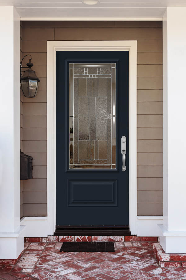An entry door with Cachet glass inserts on an Orleans door slab.