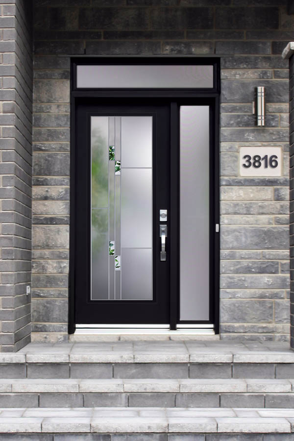 A modern entry door with Gabriella glass inserts on a Flat door slab.