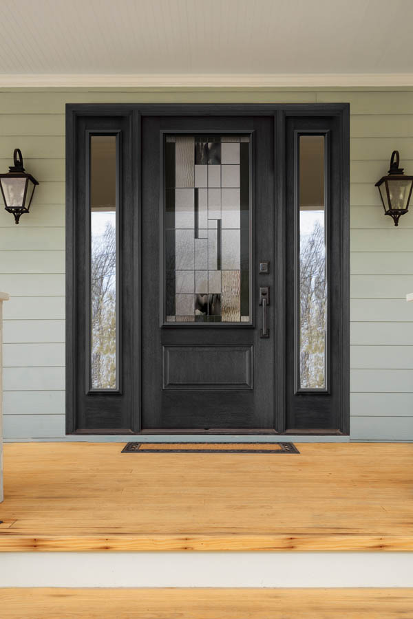 A cool looking entry door with Kallima glass inserts on an Orleans door slab.