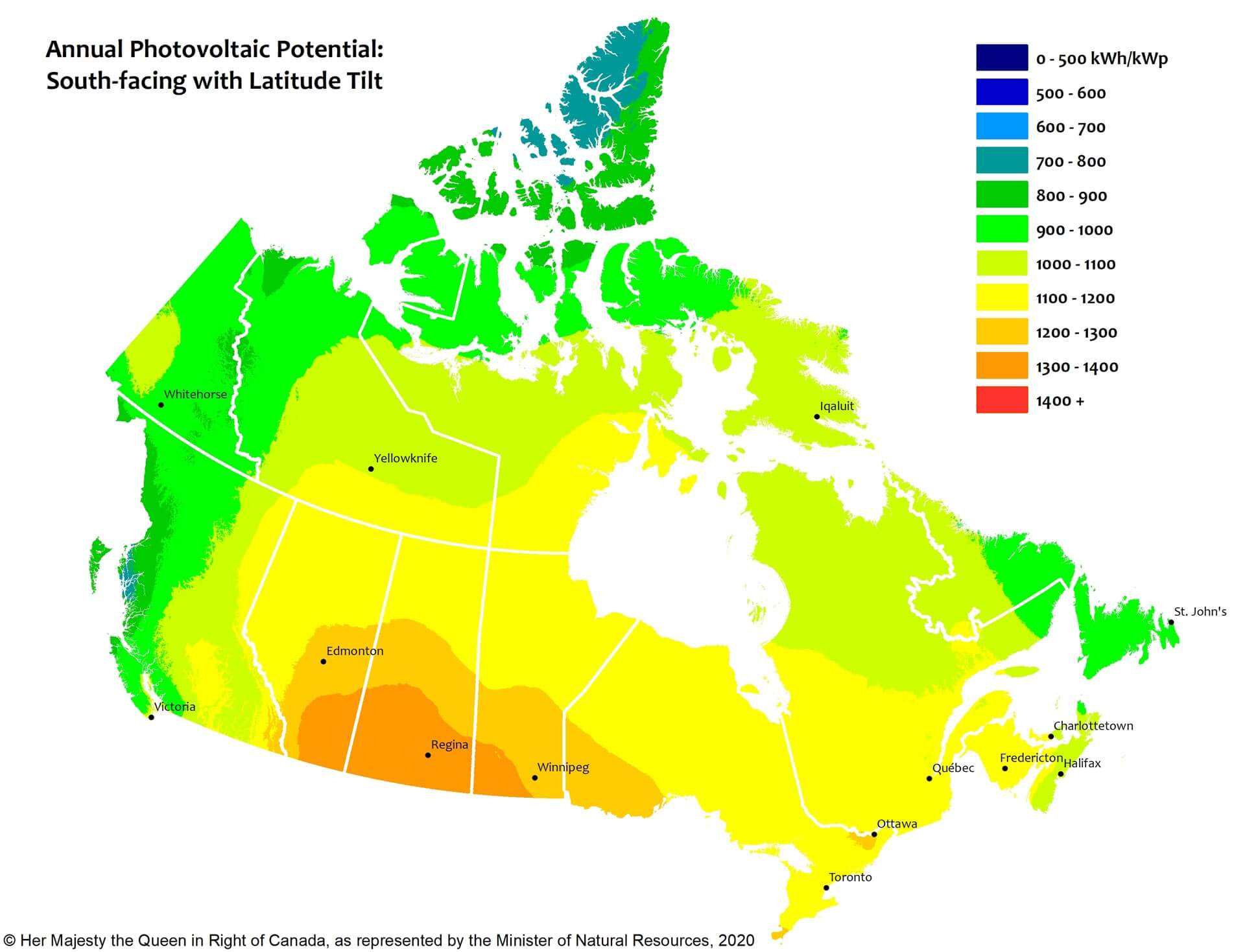 A map showing the Annual Photovalic Potentials: South-facing with Latitude Tilt.