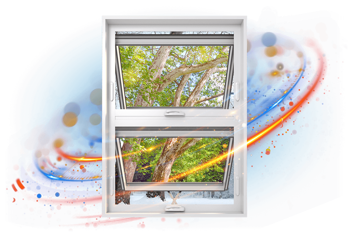 A RevoCell awning window frames a view of the tree outside. It is surrounded by colorful, abstract swirls and splashes on a blue background, creating a dynamic and vibrant effect.