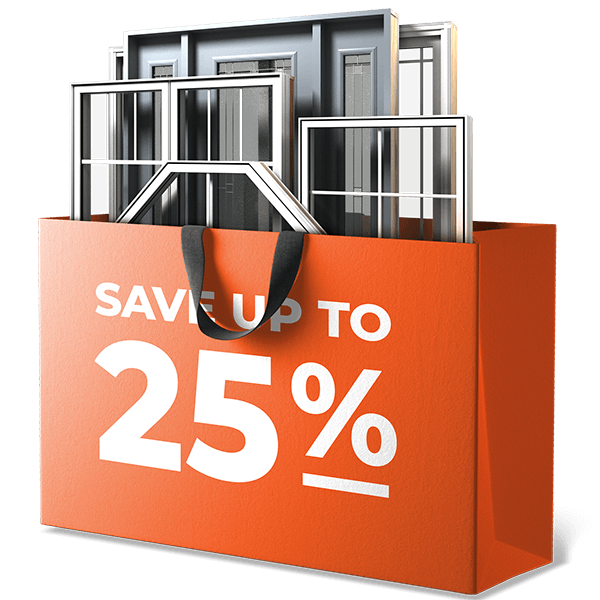 A bag of windows and doors with a save up to 25% mark on it.