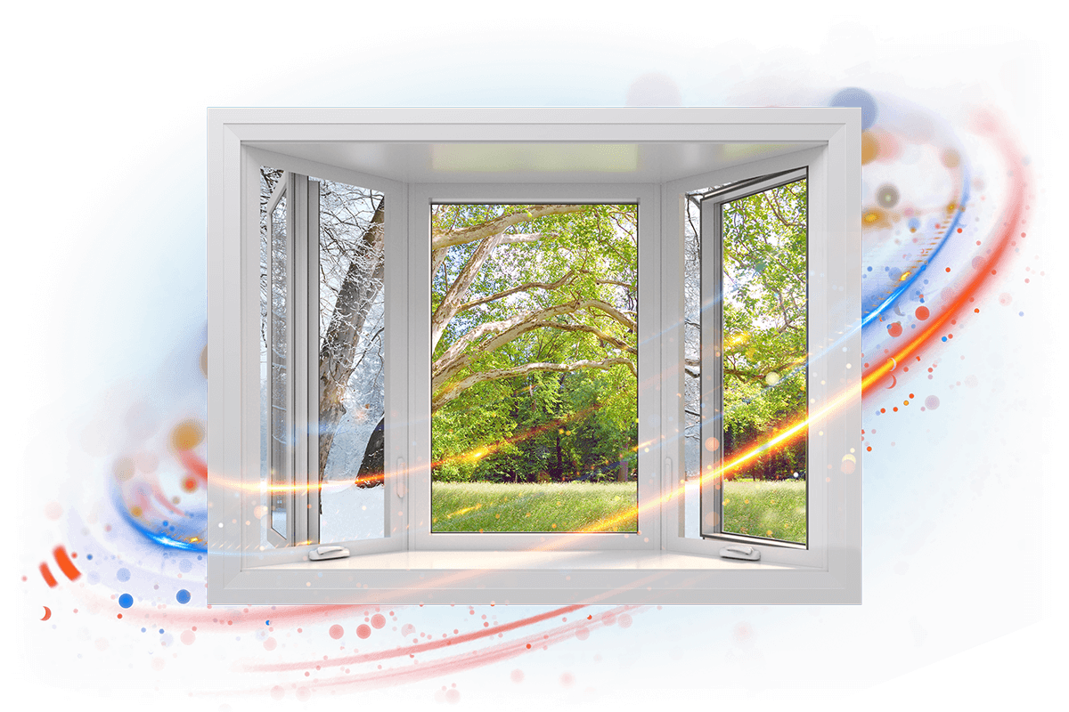 A RevoCell bay window frames a scenic view of a green lawn and trees. Surrounding it, an artistic splash of vibrant blue, red, and orange swirls creates a dynamic and colorful background.