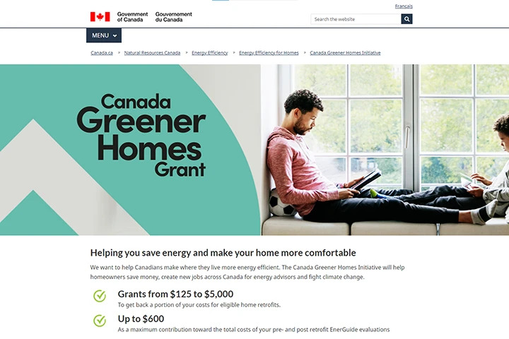 A screenshot of the Greener Homes Grant portal on the government of Canada website.