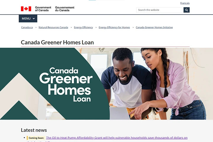 A screenshot of the Greener Homes Loan portal on the government of Canada website.