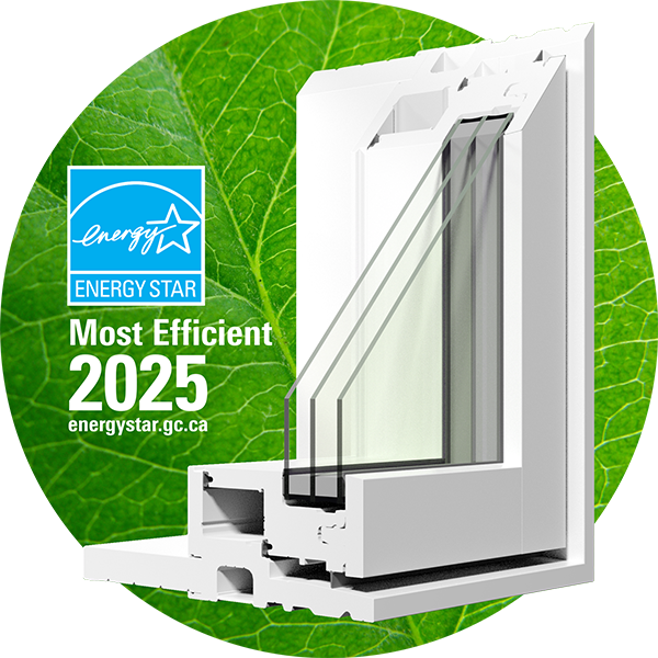 A cutaway of a RevoCell window with a green leaf in the background and the Energy Star Most Efficient 2025 logo on it.