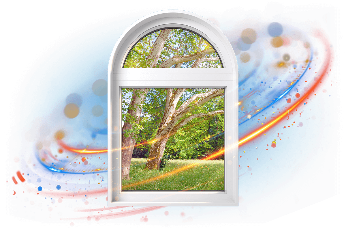 A RevoCell fixed window, gracefully arched in white, frames the view of a tree with green leaves and a grassy field. It contrasts beautifully against the swirling blue and red abstract background, adorned with glowing orbs and light trails.