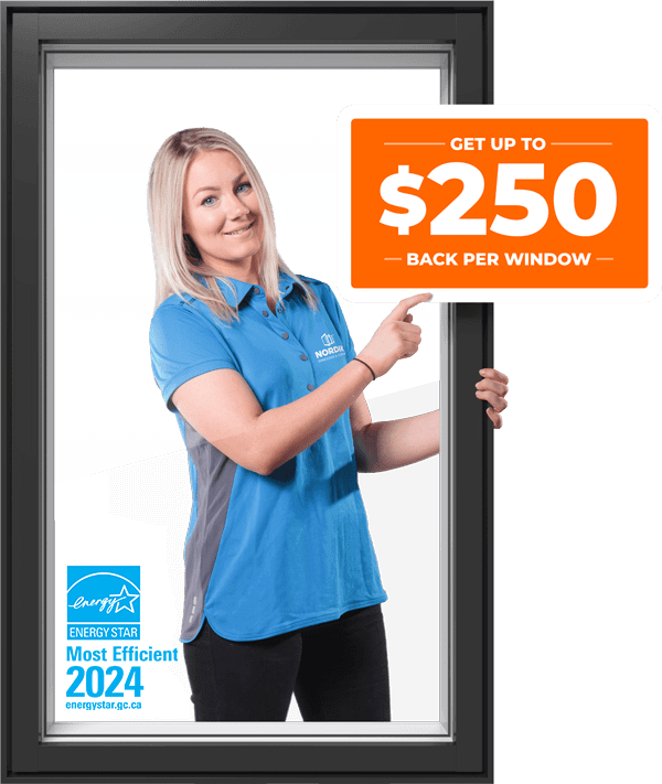 A Nordik sales representative points to a Save up to $250 per window graphic with and Energy Star Most Efficient 2024 logo in the bottom left corner