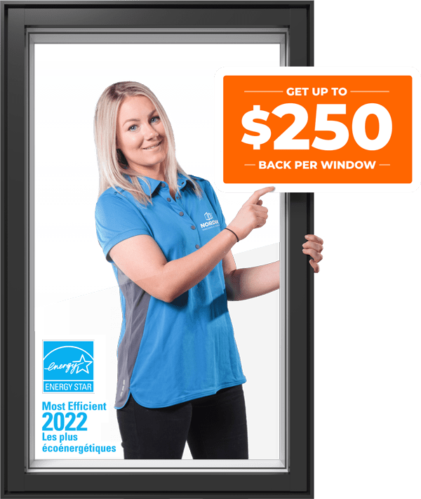 A Nordik sales representative points to a Save up to $250 per window graphic with and Energy Star Most Efficient 2021 logo in the bottom left corner