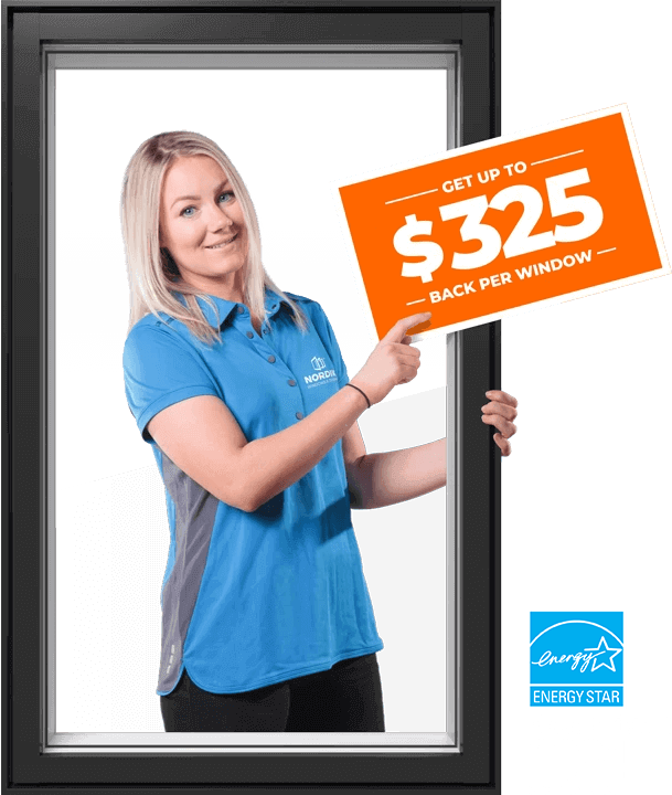 A Nordik sales representative points to a Save up to $325 per window graphic with and Energy Star Most Efficient 2024 logo in the bottom left corner