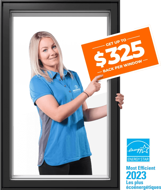 A Nordik sales representative points to a Save up to $325 per window graphic with and Energy Star Most Efficient 2023 logo in the bottom left corner