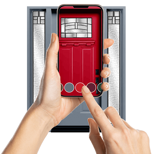 A hands choosing door colours on a phone and swiping through options.