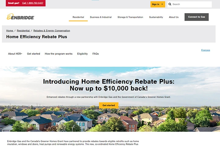 A screenshot of the Enbridge wbesite showing the Home Efficiency Rebate (HER).