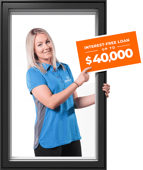 A Nordik sales representative points to a $40,000 interest-free loan graphic
