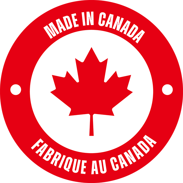Windows and Doors proudly made in Canada. A round logo with a red border featuring a red maple leaf in the center. The top reads Made in Canada and the bottom reads Fabriqué au Canada in white text.