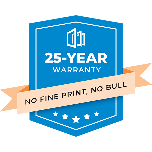 A nordik no-bull warranty badge displays “25-Year Warranty” with a ribbon across it stating No Fine Print, No Bull. The blue badge features a door icon and five white stars at the bottom.