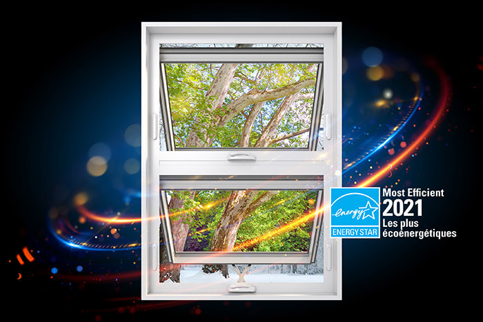 A RevoCell awning window slightly ajar with the Energy Star Most Efficient 2021 logo.