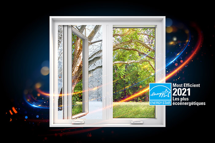 A RevoCell casement window slightly ajar with the Energy Star Most Efficient 2021 logo.