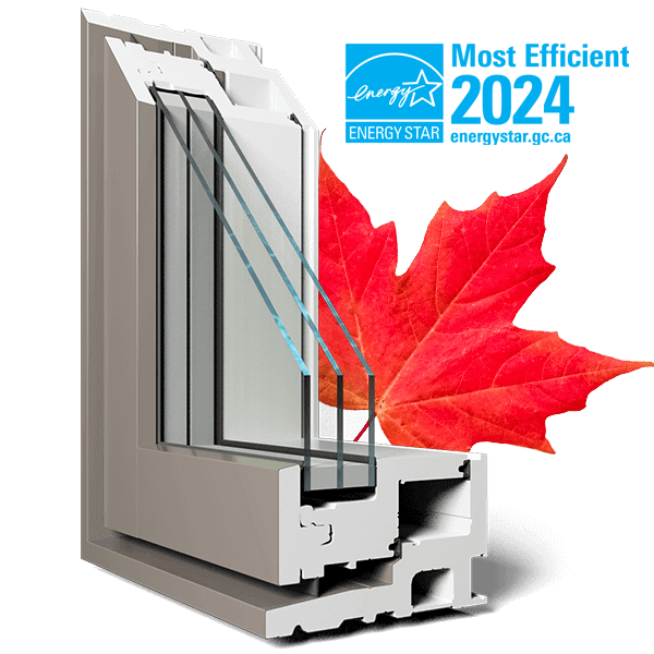 A RevoCell triple pane window with a Canadian maple leaf behind it and an Energy Star Most Efficient 2025 logo