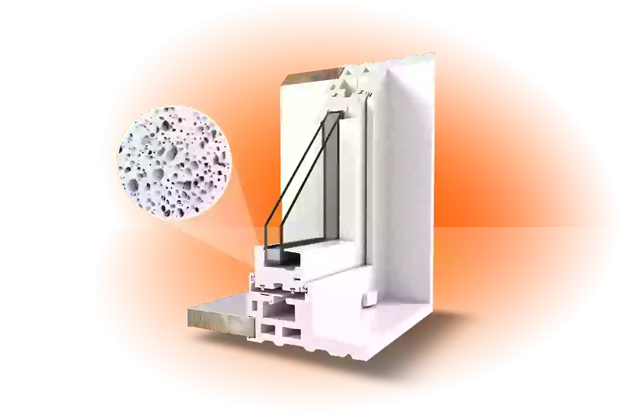 A cutout of a RevoCell slider window featuring it's microcellular (mPVC) technology.