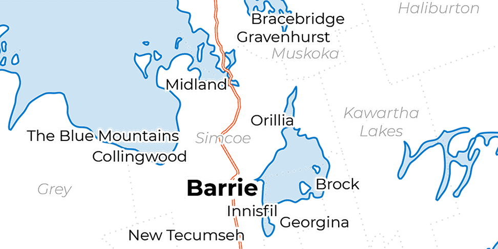 A map showing Barrie and the surrounding cities / towns of Orillia, Innisfil, Midland, Wasaga Beach, Collingwood, New Tecumseh, the Blue Mountains