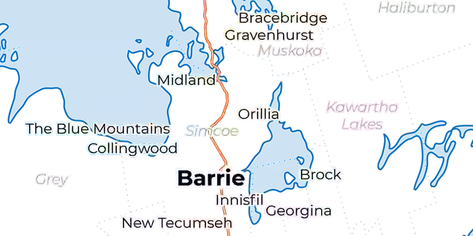 A map showing Barrie and the surrounding cities / towns of Orillia, Innisfil, Midland, Wasaga Beach, Collingwood, New Tecumseh, the Blue Mountains