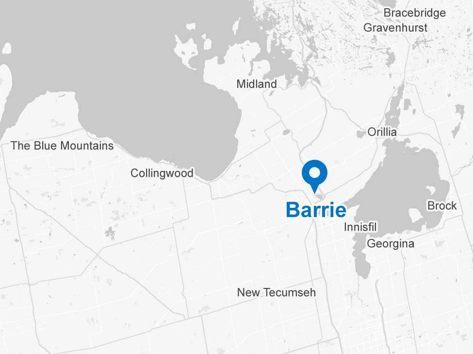 A map showing Barrie and the surrounding cities / towns of Orillia, Innisfil, Midland, Wasaga Beach, Collingwood, New Tecumseh, the Blue Mountains