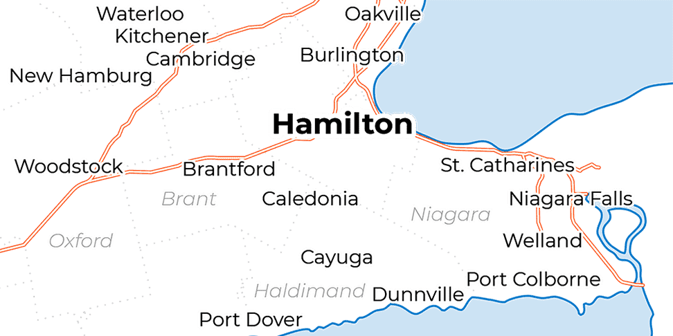 A map showing Hamilton and the regional municipalities of Niagara, Waterloo, and Haldimand