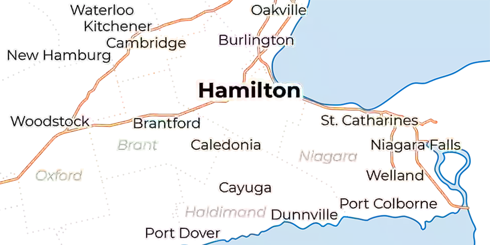 A map showing Hamilton and the regional municipalities of Niagara, Waterloo, and Haldimand