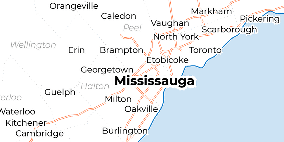 A map showing the Mississauga and the surrounding municipalities of Peel and Halton