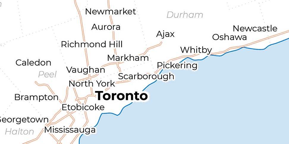 A map showing the downtown Toronto and the surrounding areas of York and Durham