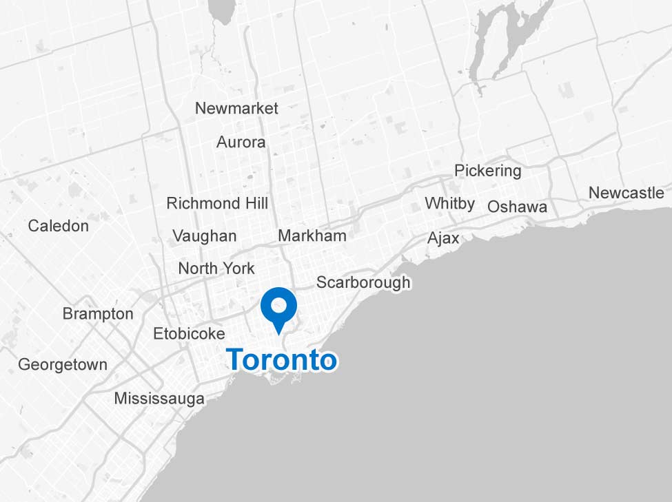 A map showing the downtown Toronto and the surrounding areas of York and Durham