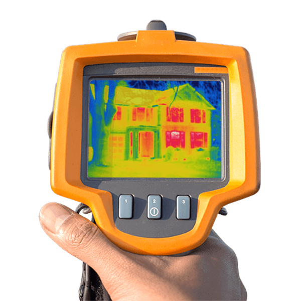A thermocamera points at a house to show its heat efficiency.