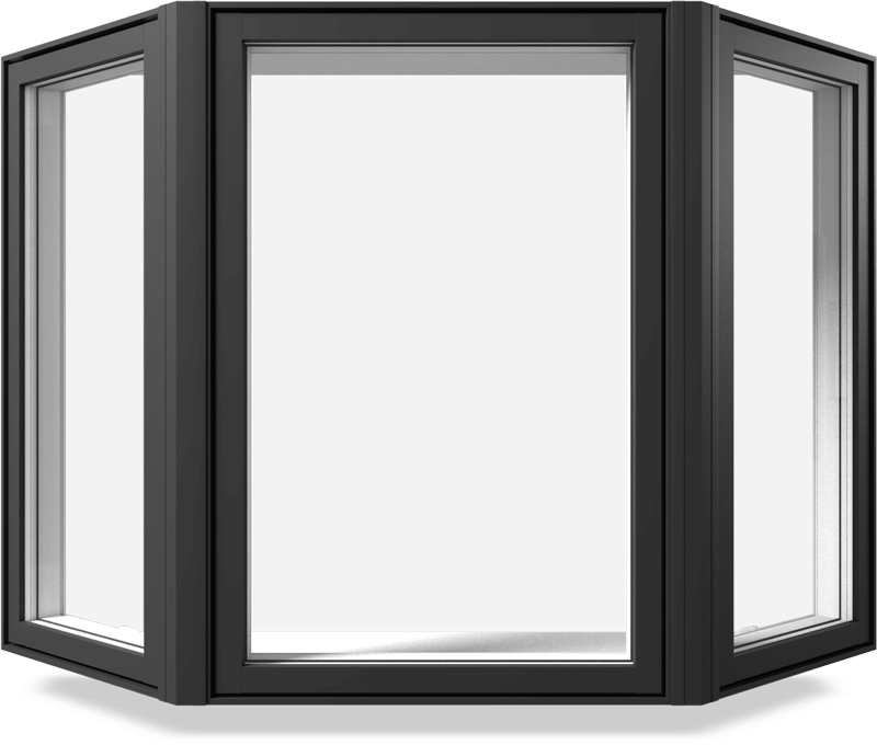 A bay window with black exterior color which is made up of several fixed windows