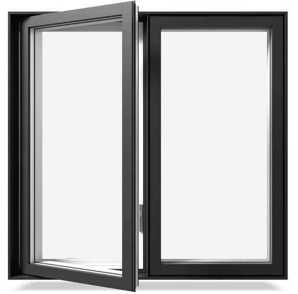The front view of a partially open RevoCell casement window with black exterior colour