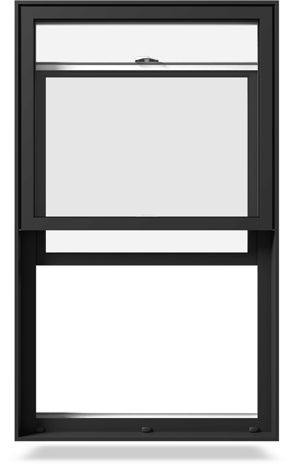 The front view of a partially open hung window with black exterior color