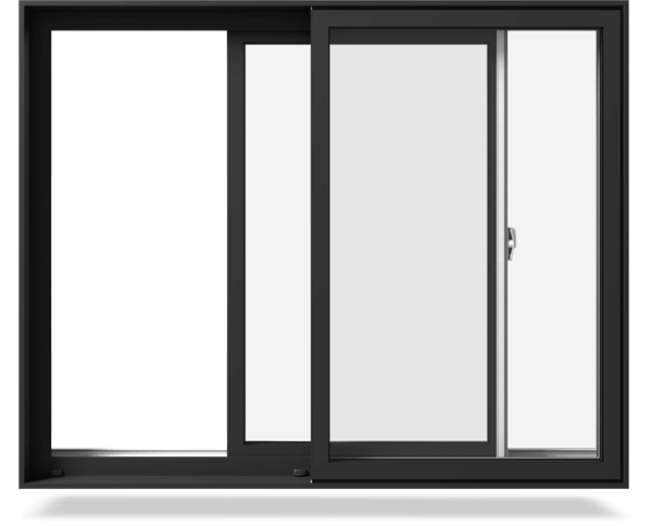 The front view of a partially open slider window with black exterior color