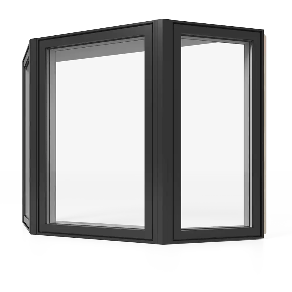 A RevoCell bow window with black exterior colour which is made up of several RevoCell casement windows
