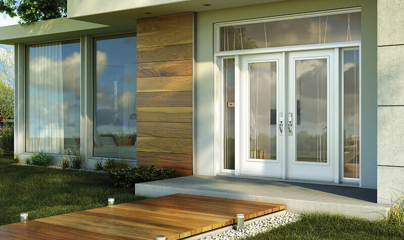 Modern white double doors with rectangular transom and double sidelites