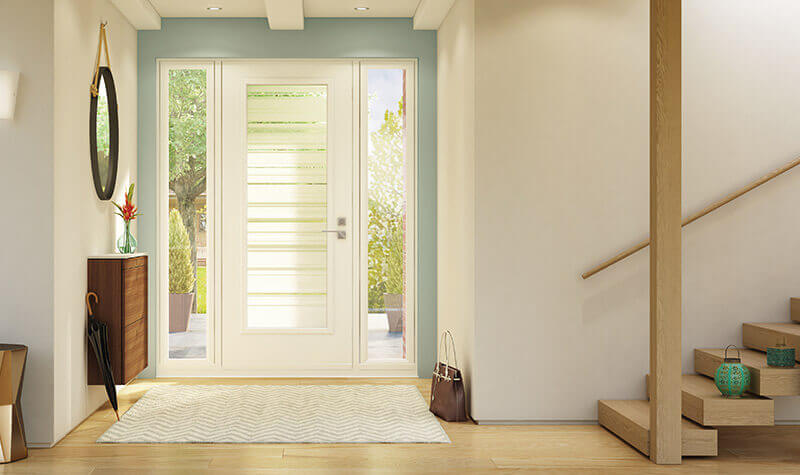 Interior view of white door with full glass insert and double sidelites